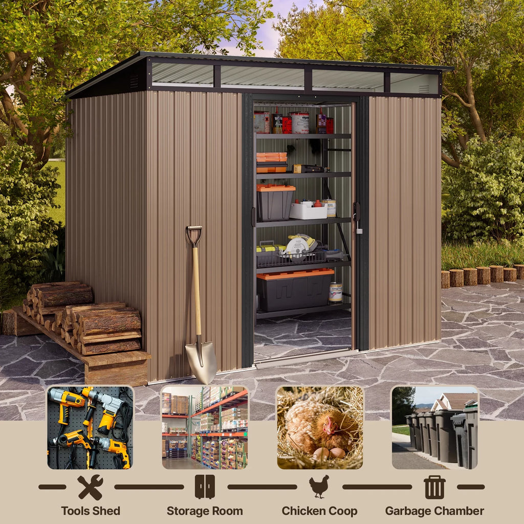 Light Brown 8'x6' Outdoor Storage Shed with Sliding Doors S228
