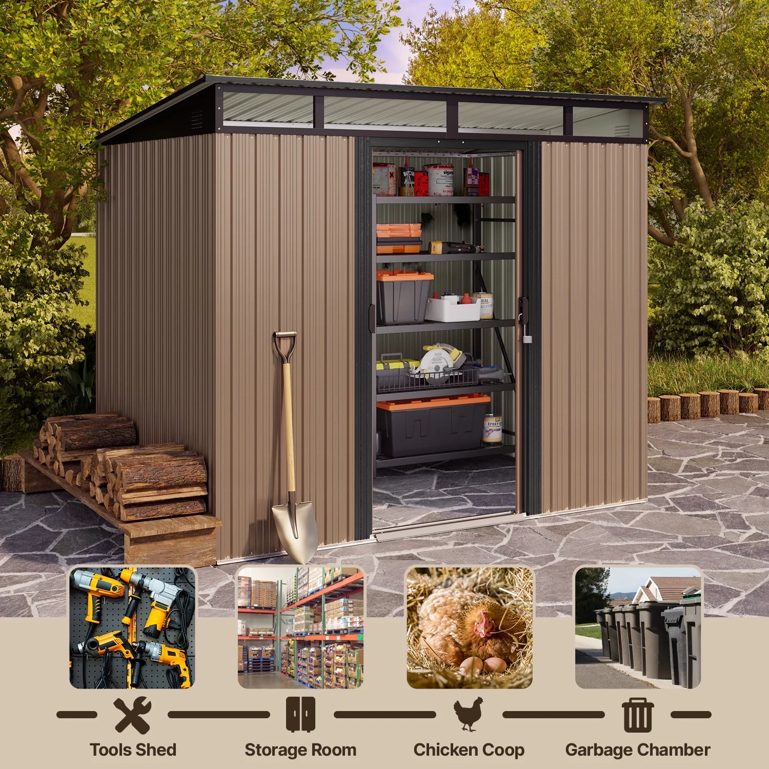 Light Brown 8'x6' Outdoor Storage Shed with Sliding Doors S228