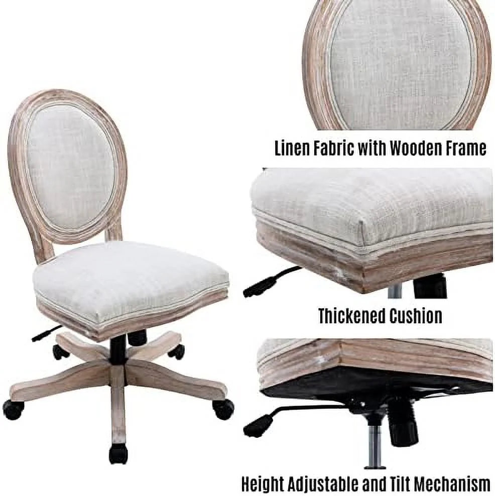 Beige Rattan Back Linen Swivel Task Chair with Wheels H8715