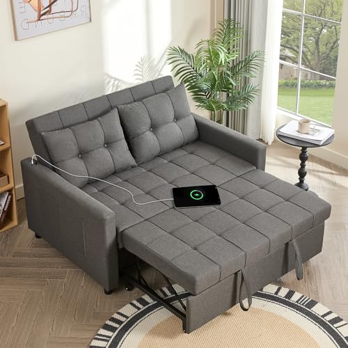 Light Gray Linen Sleeper Sofa with Pull-Out Bed V8935