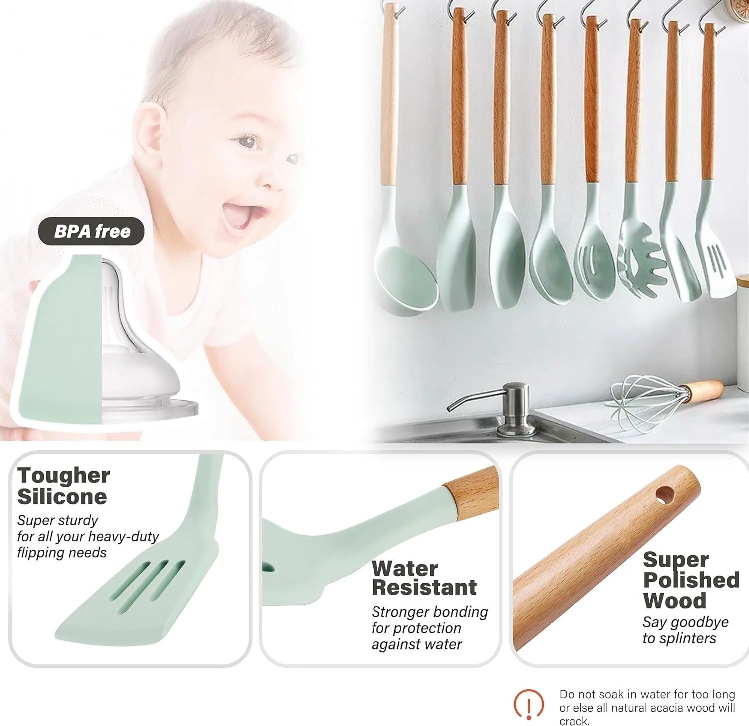 11 Pcs Non-Stick Silicone Cooking Utensils Set with Wooden Handle (Light Green) B581772