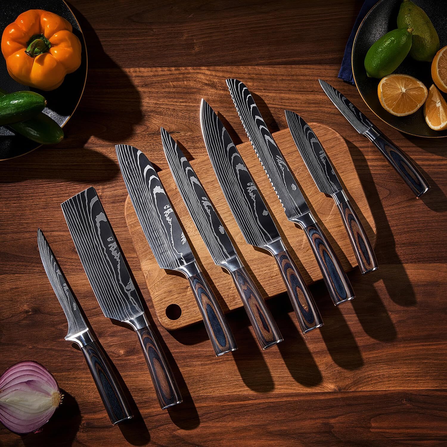 8-piece Japanese Kitchen Knife Set with Damascus Pattern Q7059