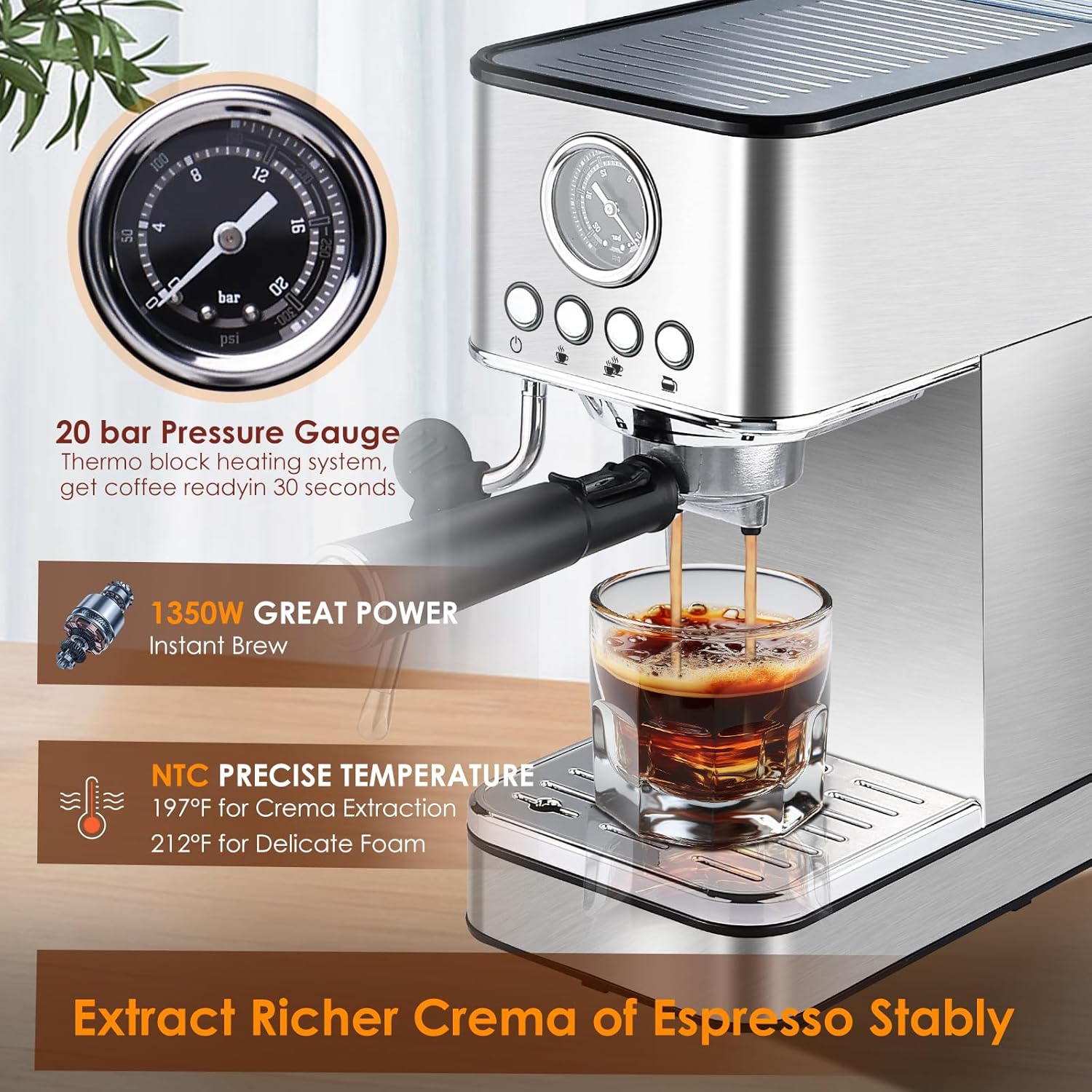 Stainless Steel Espresso Machine with Milk Frother U6468