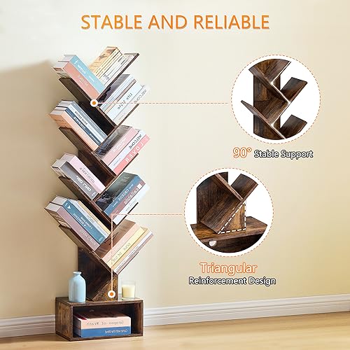 9 Tier Tree Bookshelf with Drawer, Greige F9678
