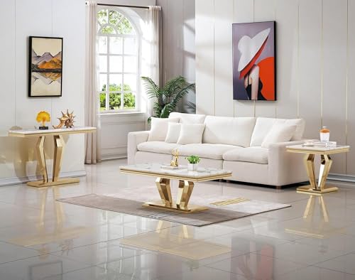 4 Piece Faux Marble Coffee Table Set with Gold Stainless Steel Base O6008