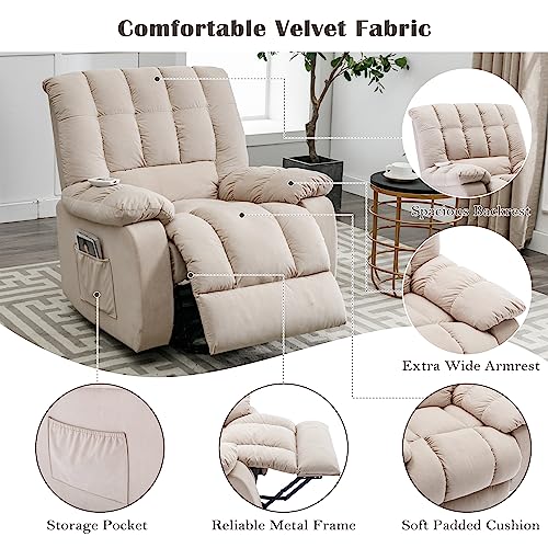 Beige Velvet Electric Lift Recliner Chair with Heat and Vibration O512994