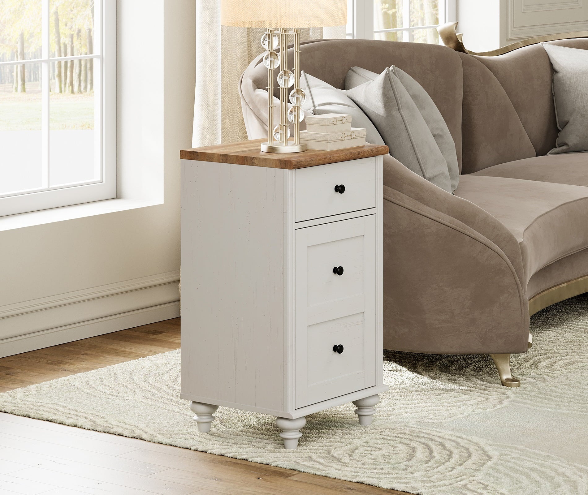 Off-White Wood Nightstand with Drawer and Charging Station K13241
