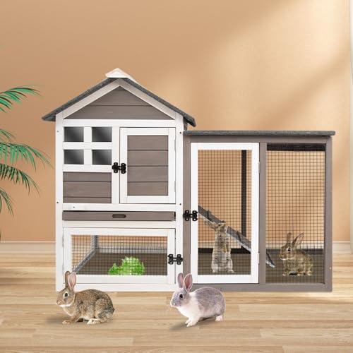 Grey 2-Story Fir Wood Rabbit Hutch with Pull Out Tray G6878