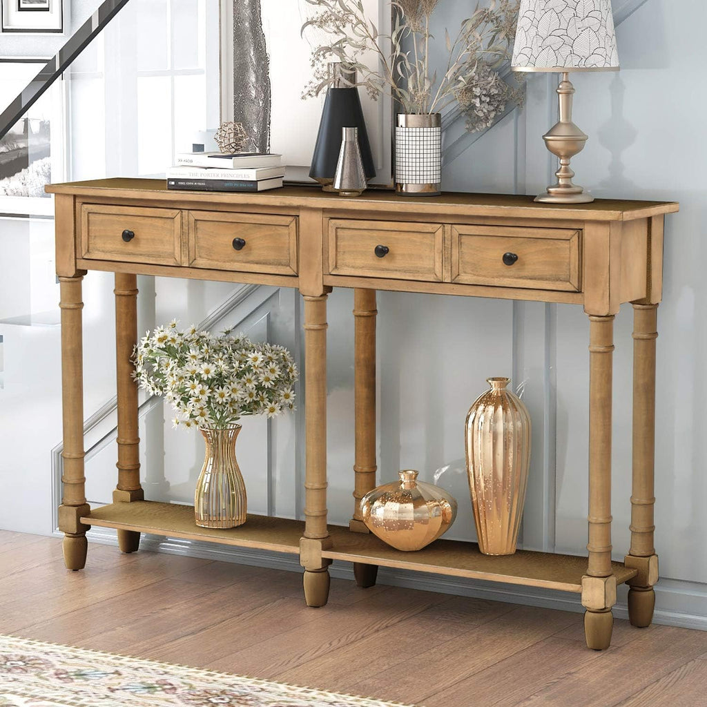 Old Pine Solid Wood Console Sofa with Two Storage Drawers and Bottom Shelf V549