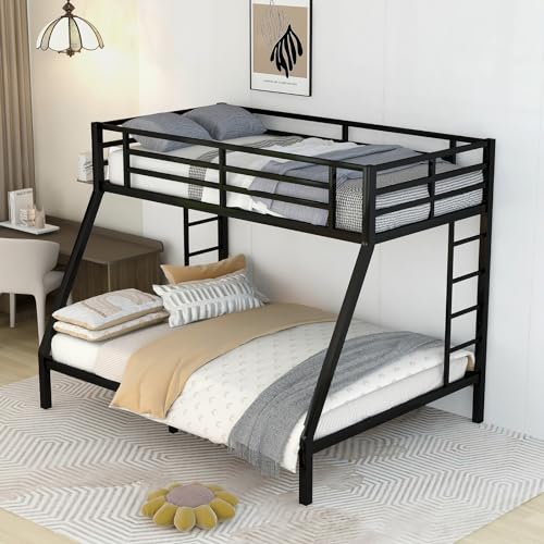 Black Full XL Over Queen Metal Bunk Bed Frame with 2 Ladder K27231