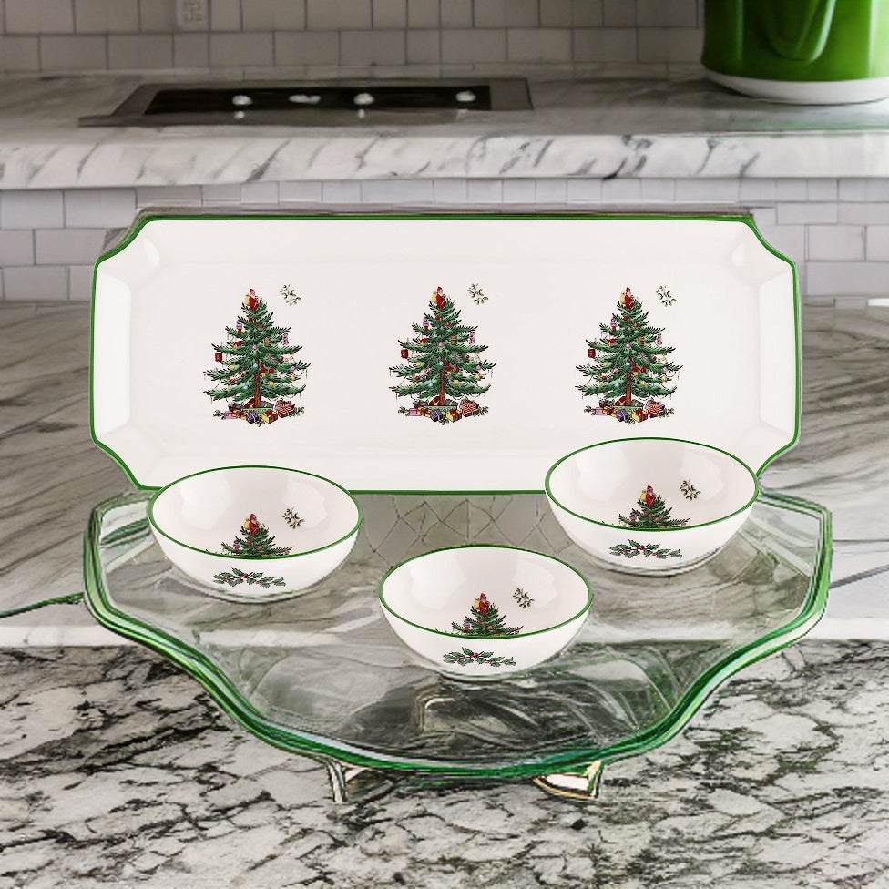 4 Piece Rectangular Tray with 3 Dip Bowls, Fine Earthenware S4852