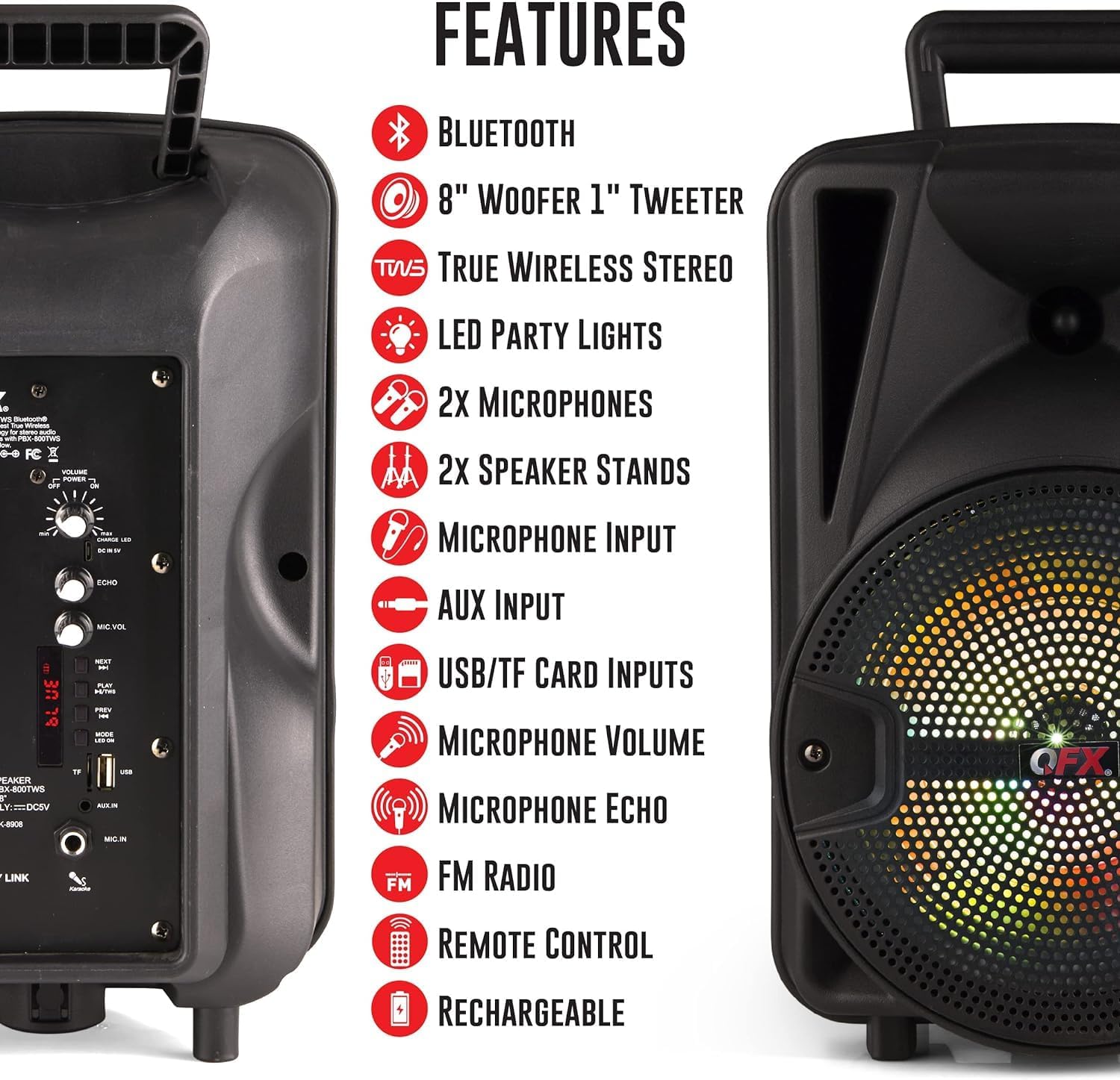 8-Inch TWS Bluetooth Stereo PA System with 2 Speakers, 2 Microphones, 2 Stands, and Remote Control V845807
