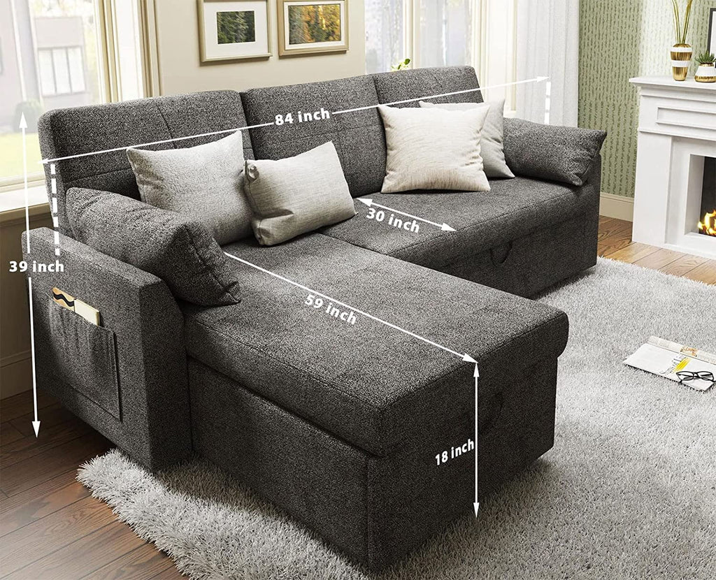 Gray Chenille Sleeper Sofa with Storage Chaise H5086