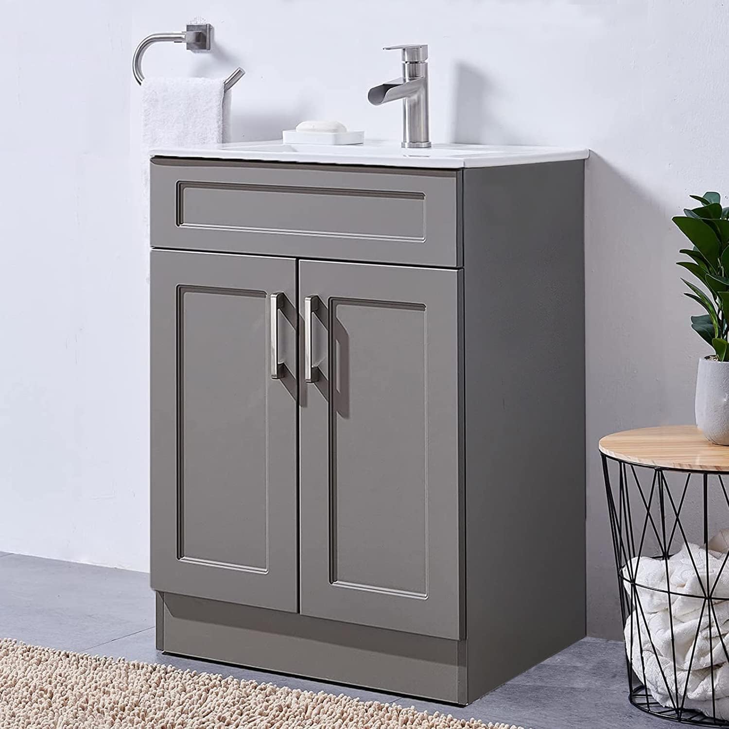 Gray 24 Inch Bathroom Vanity with Sink and White Ceramic Vessel Basin Top V276