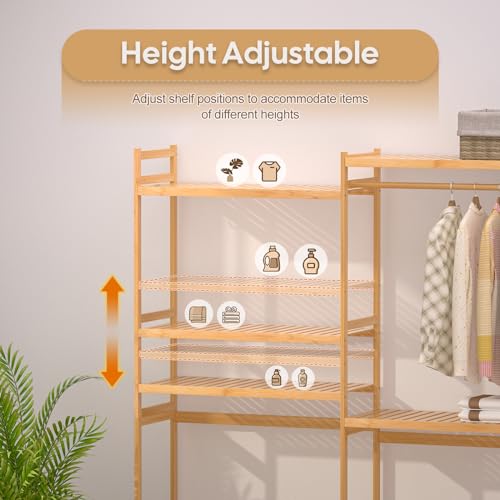 5 Tiers Bamboo Laundry Drying Rack with Adjustable Shelves and 4 Hooks D810036