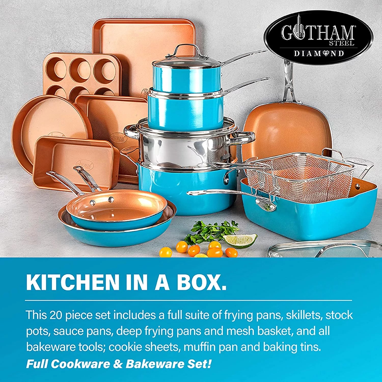 20 Piece Non-stick Ceramic Copper Cookware Bakeware Set Turquoise K114469