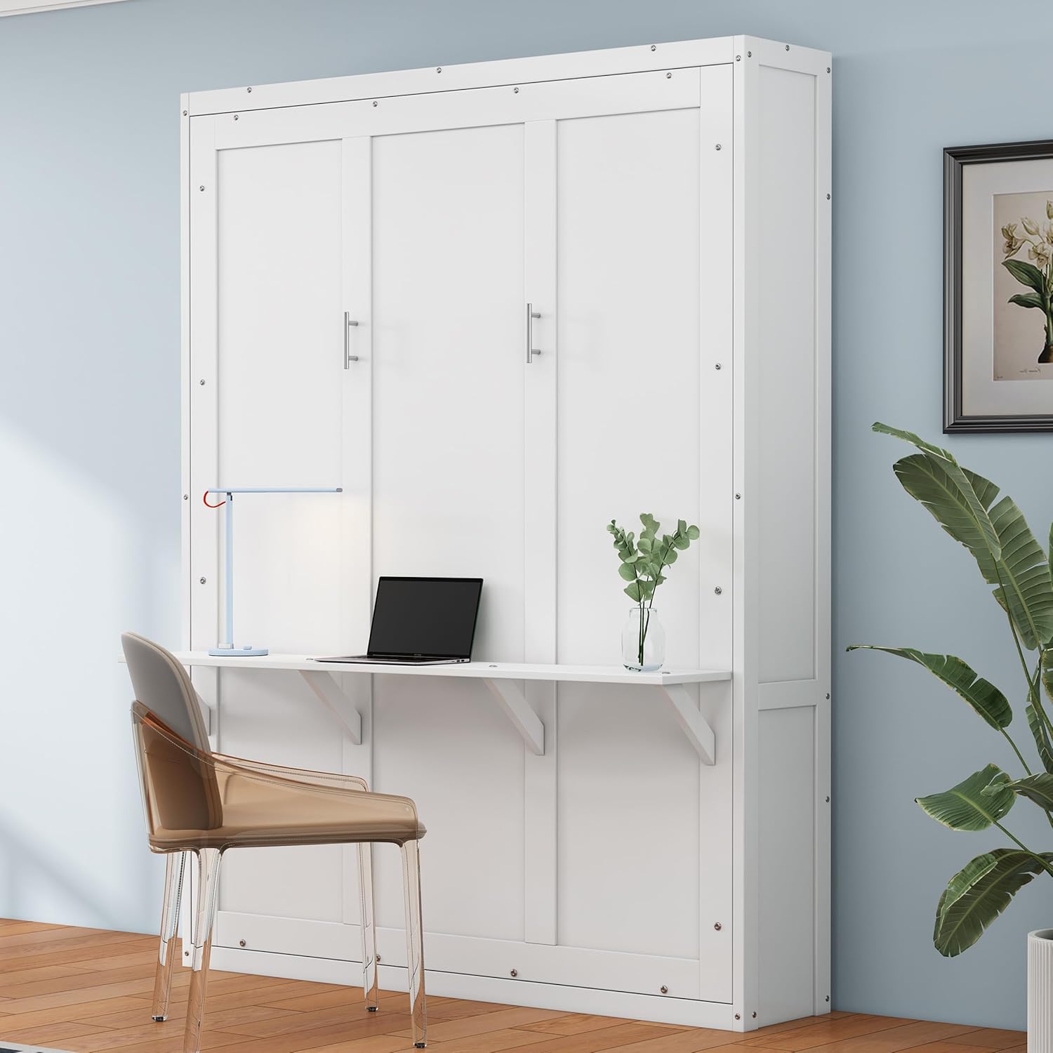 White Queen Size Murphy Bed with Desk S34010