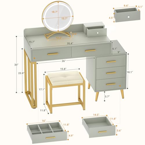 White Vanity Desk with Mirror and Lights, 6 Drawers, Cushioned Stool H69628