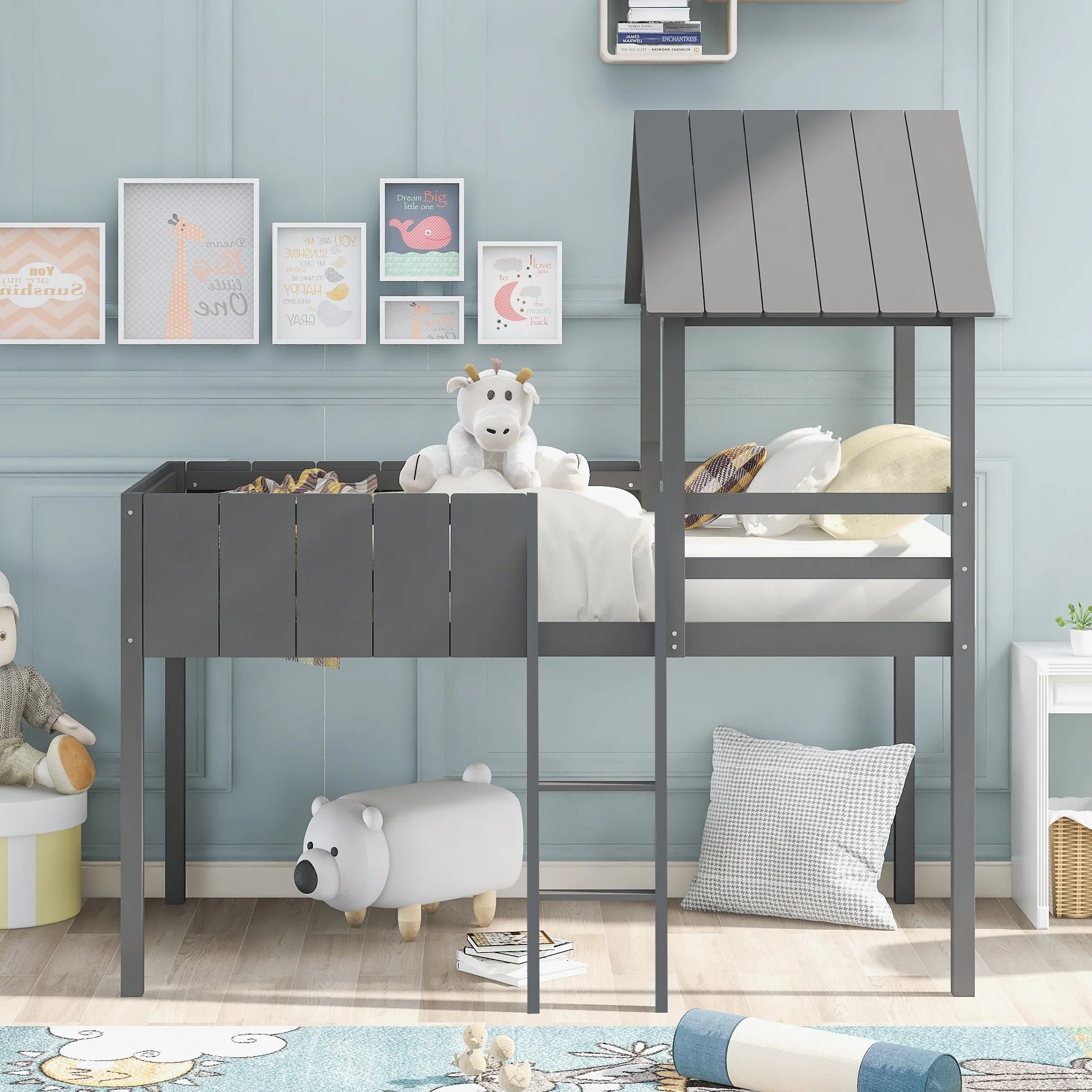 Gray Twin Size Wood Loft Bed with Roof Guardrail Ladder J9558