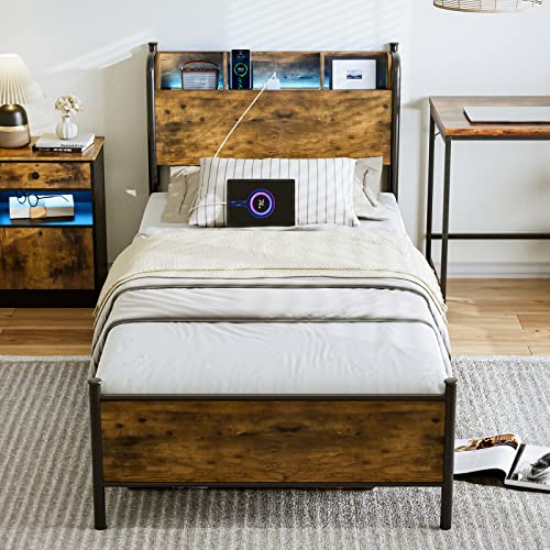 Queen Platform Bed Frame with LED Lights and Charging Station and Storage Shelf Headboard, Black U285920