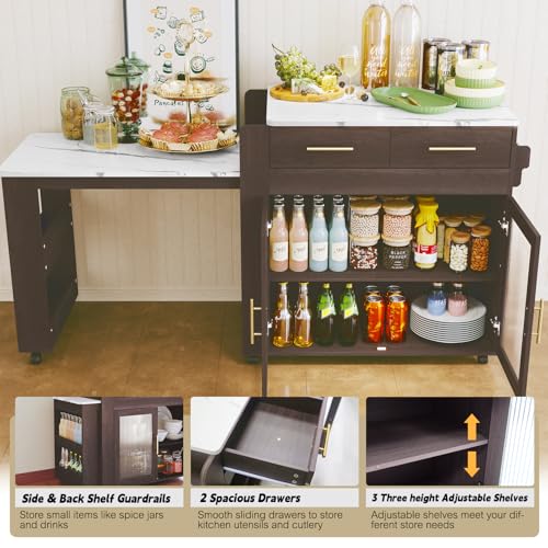 Extendable Kitchen Island on Wheels with Power Outlet and Storage Cabinet and Drawers Y8288