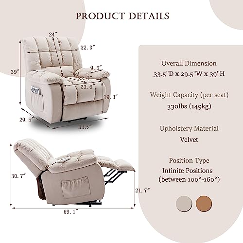 Beige Velvet Electric Lift Recliner Chair with Heat and Vibration O512994