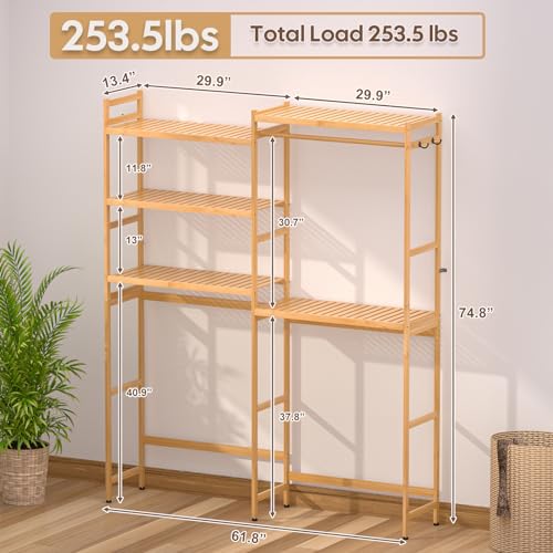 5 Tiers Bamboo Laundry Drying Rack with Adjustable Shelves and 4 Hooks D810036