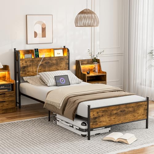 Queen Platform Bed Frame with LED Lights and Charging Station and Storage Shelf Headboard, Black U285920