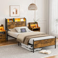 Queen Platform Bed Frame with LED Lights and Charging Station and Storage Shelf Headboard, Black U285920