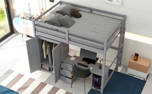 White Full Size Loft Bed with Wardrobe, Desk and Storage Drawers D4389