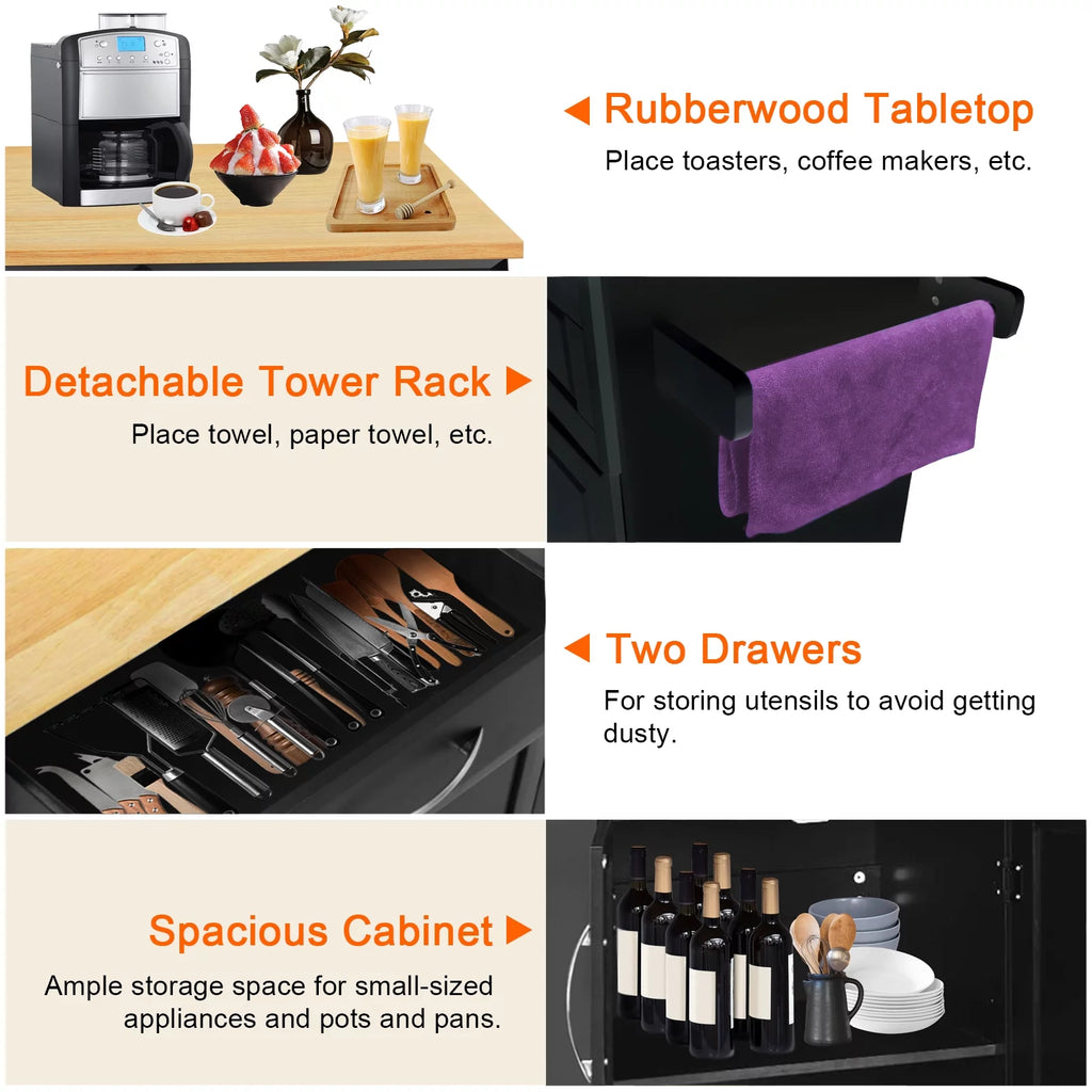 Black Rubber Wood Top Kitchen Island with Drawers and Storage Cabinet S11325