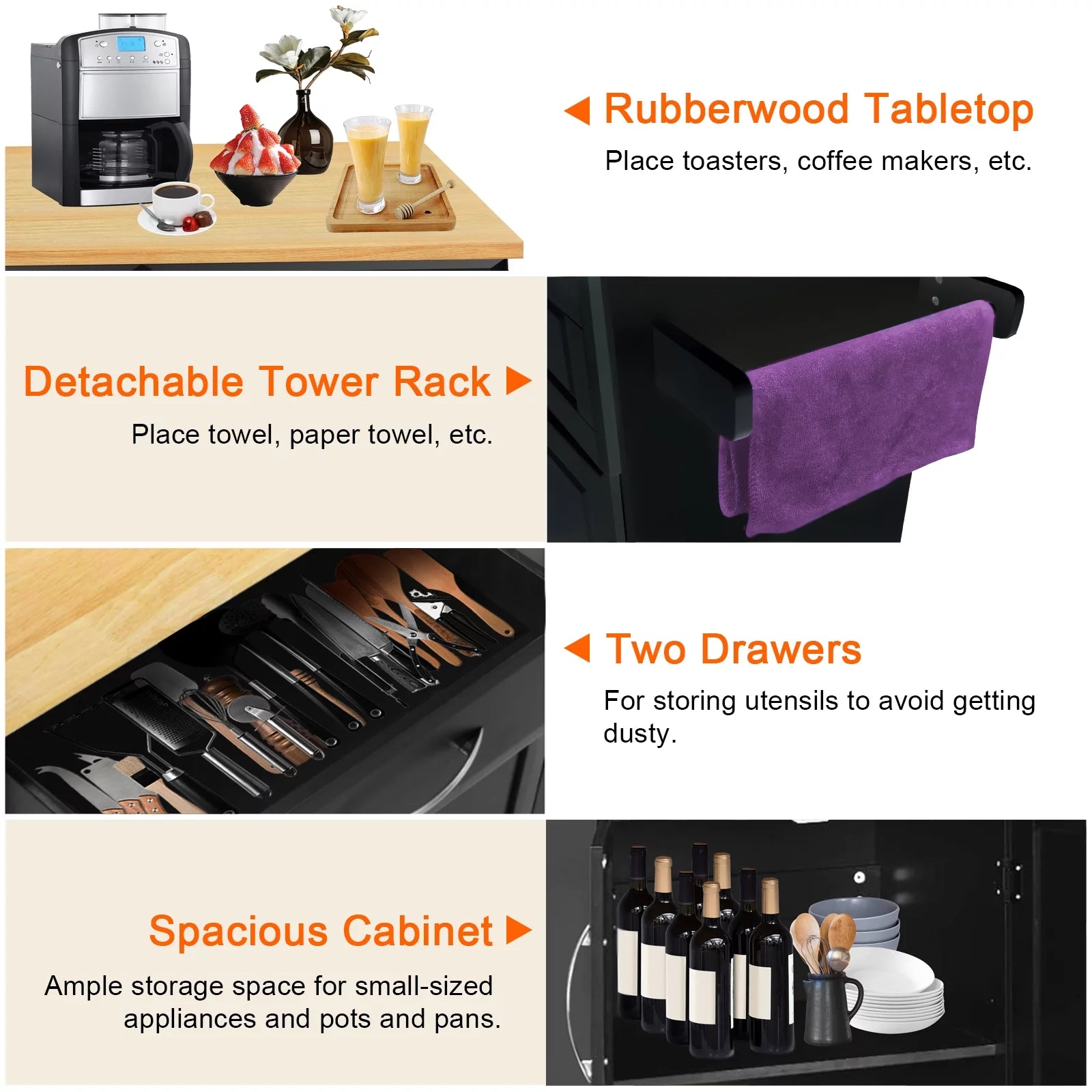 Black Rubber Wood Top Kitchen Island with Drawers and Storage Cabinet S11325
