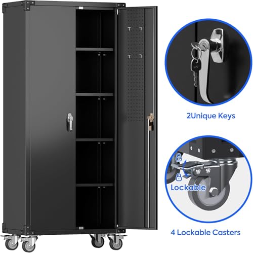 73''H Black Metal Garage Storage Cabinet with 2 Doors and 4 Adjustable Shelves Y310