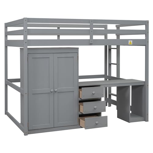 Gray Solid Pine Wood Loft Bed with Wardrobe Desk Storage Drawers V935690
