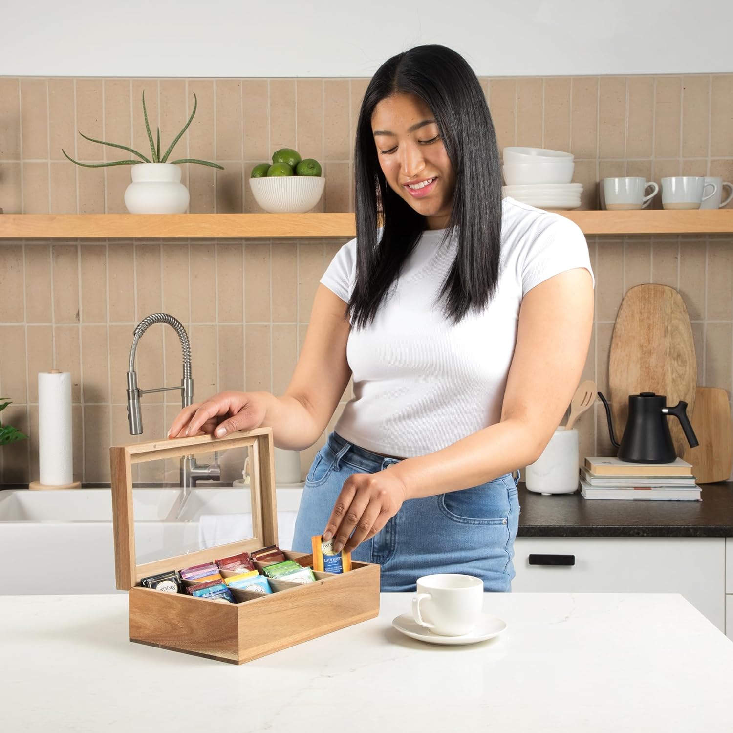 Acacia Wood Tea Bag Storage Box with Clear Acrylic Magnetic Lid C94892