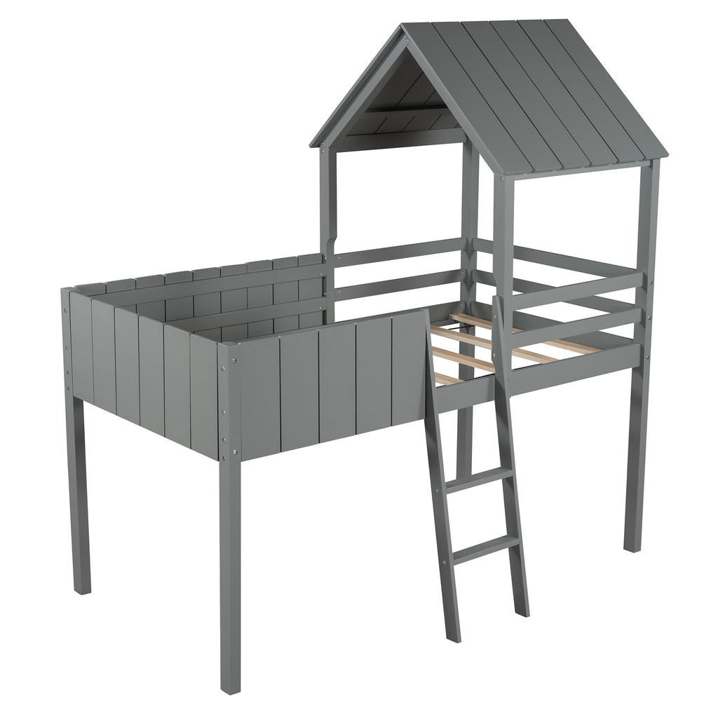 Gray Twin Size Wood Loft Bed with Roof Guardrail Ladder J9558