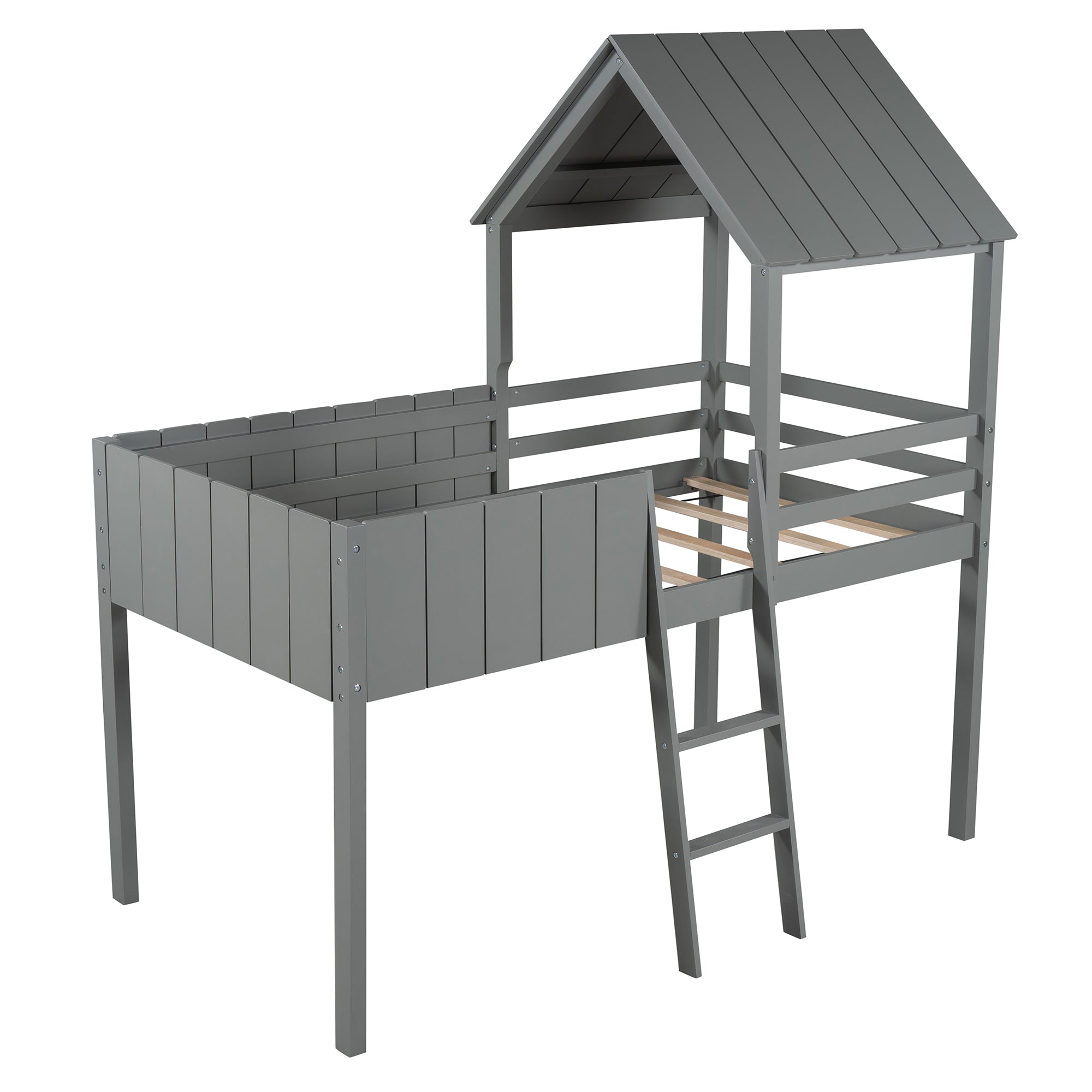 Gray Twin Size Wood Loft Bed with Roof Guardrail Ladder J9558