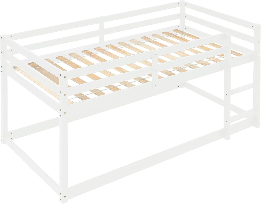 White Twin Over Twin Loft Bed Wooden Bed Frame with Safety Guardrail and Ladder B891893