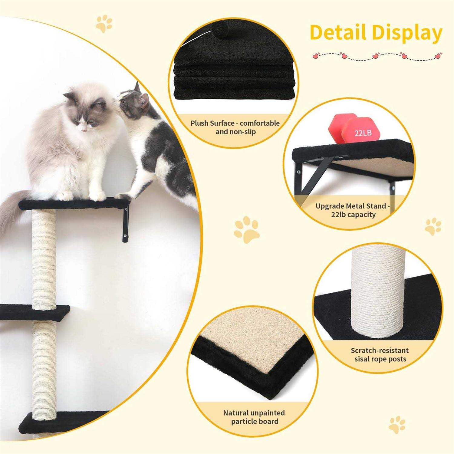 5pcs Wooden Cat Wall Shelves with Bridge, Steps, and Scratcher M342