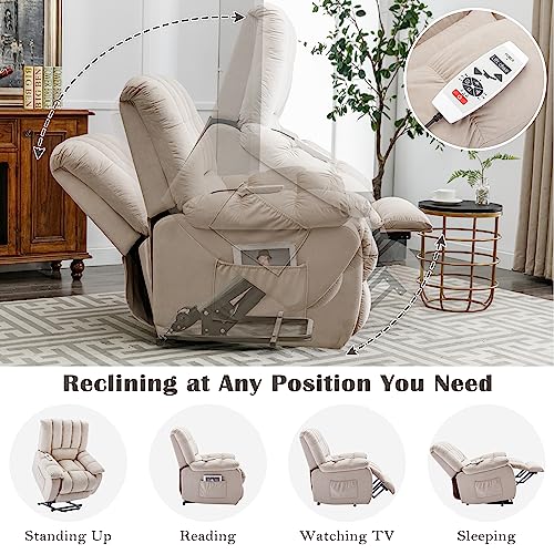 Beige Velvet Electric Lift Recliner Chair with Heat and Vibration O512994
