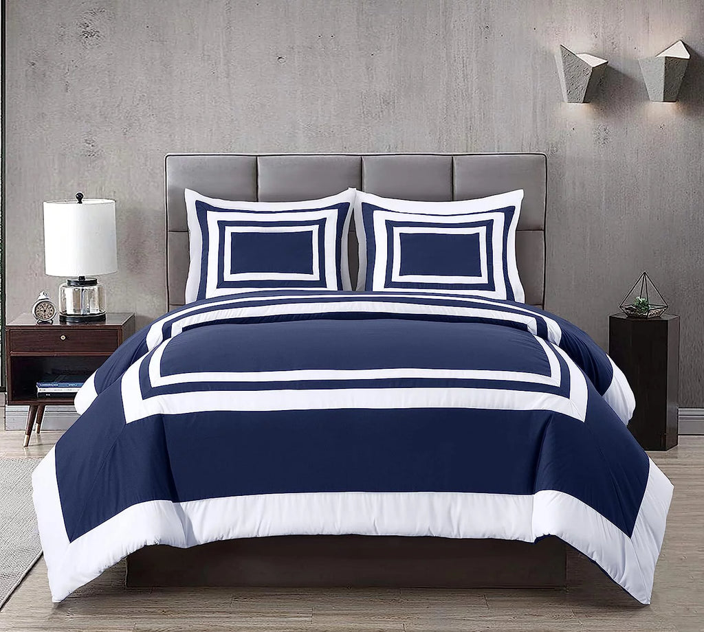 7-Piece King Bed in a Bag Comforter Set with Sheets Navy White Square Pattern Bedding Set O8298