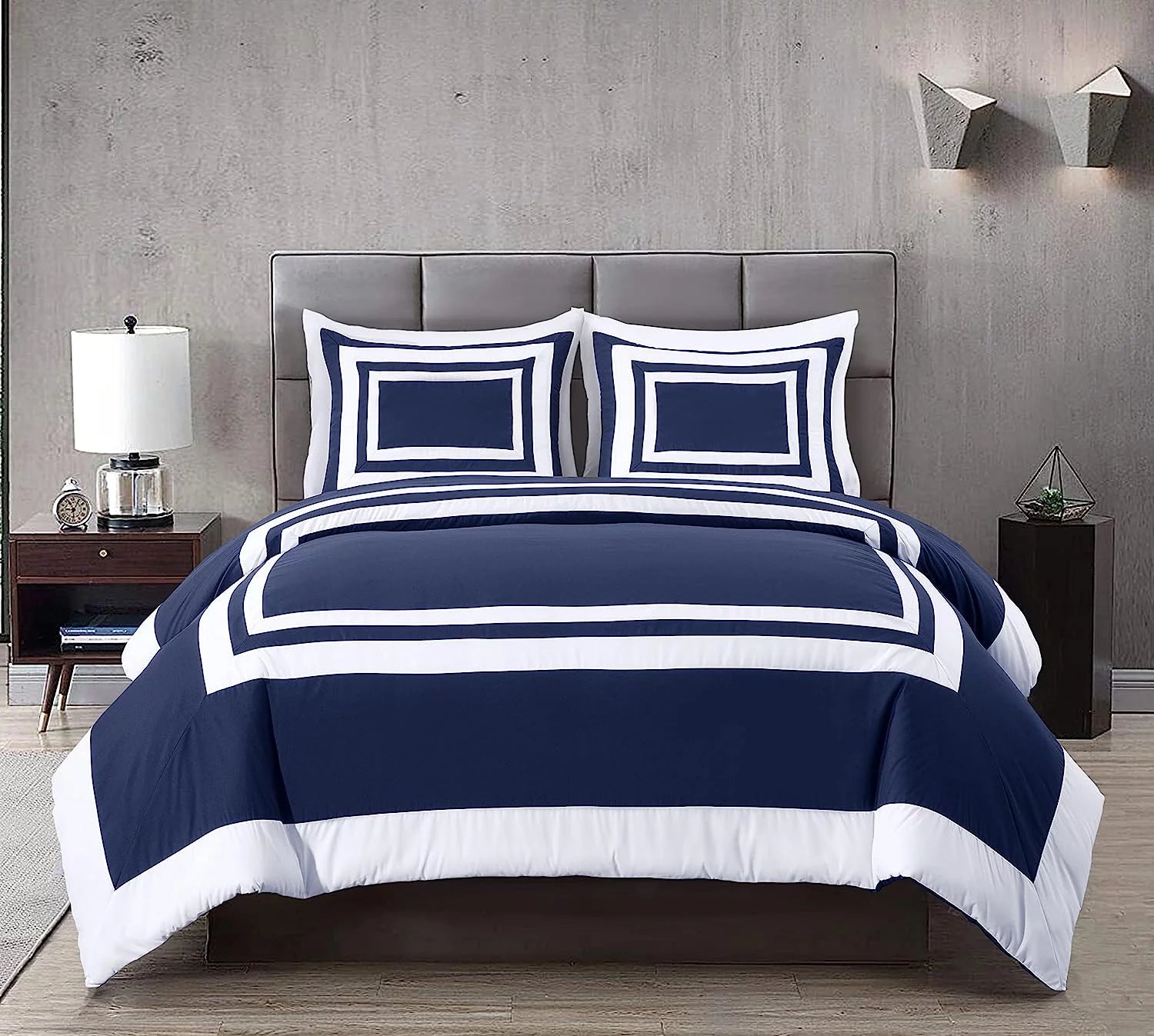 7-Piece King Bed in a Bag Comforter Set with Sheets Navy White Square Pattern Bedding Set O8298