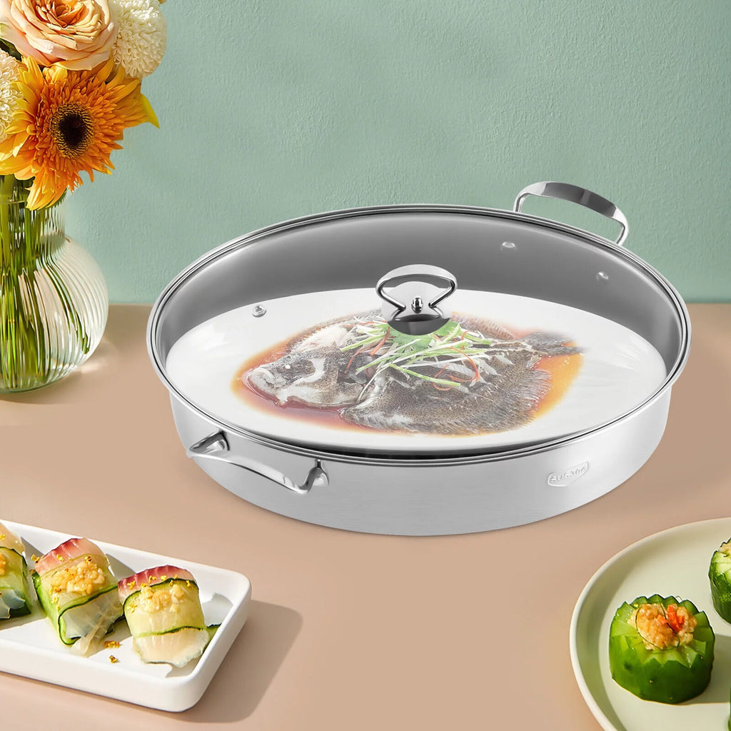 Stainless Steel Oval Fish Steaming Pot with Glass Lid Cookware K82653