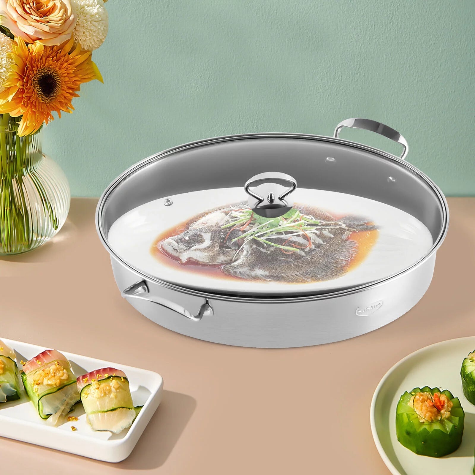 Stainless Steel Oval Fish Steaming Pot with Glass Lid Cookware K82653