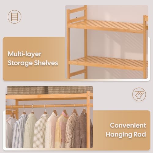 5 Tiers Bamboo Laundry Drying Rack with Adjustable Shelves and 4 Hooks D810036