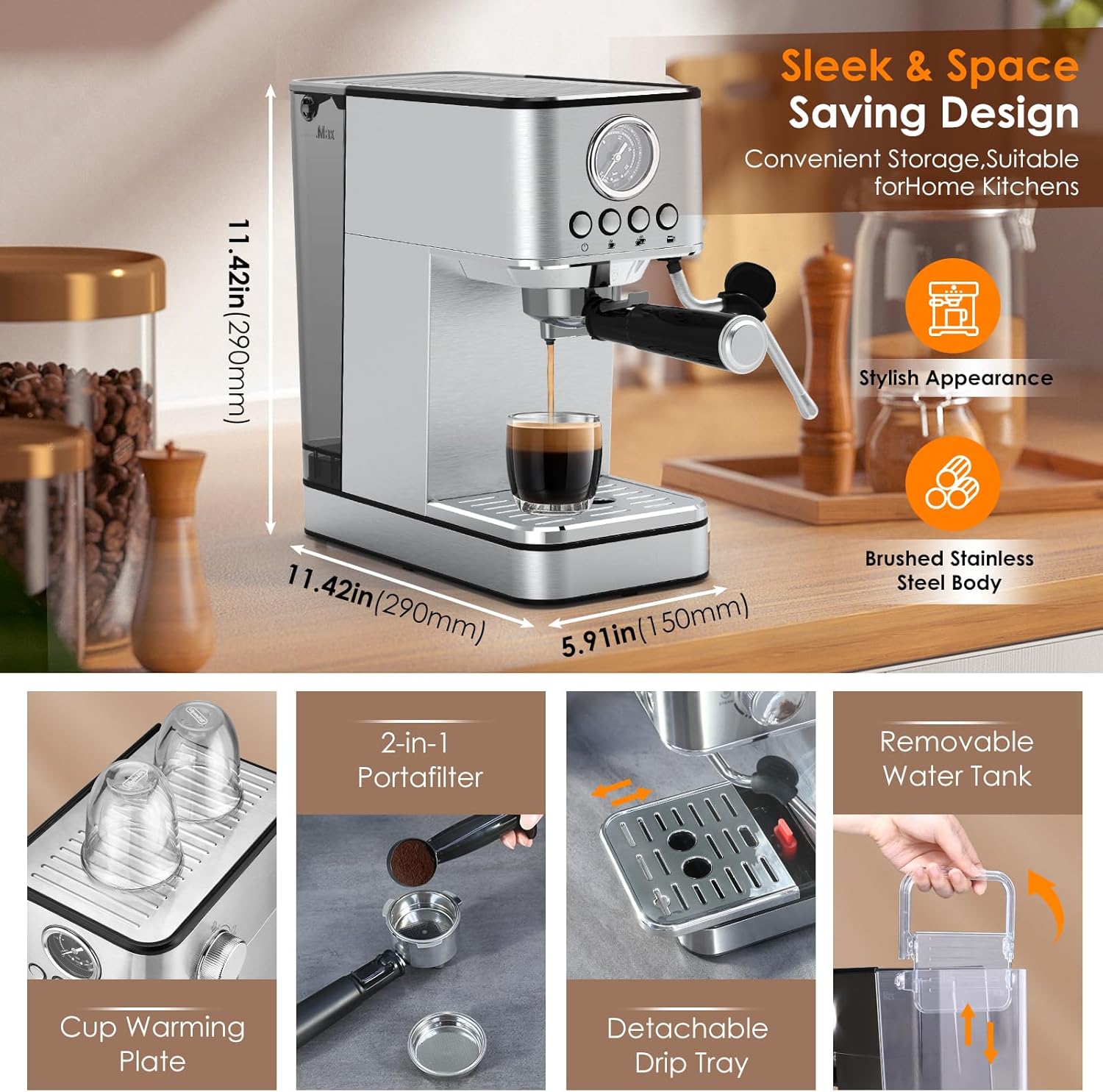 Stainless Steel Espresso Machine with Milk Frother U6468
