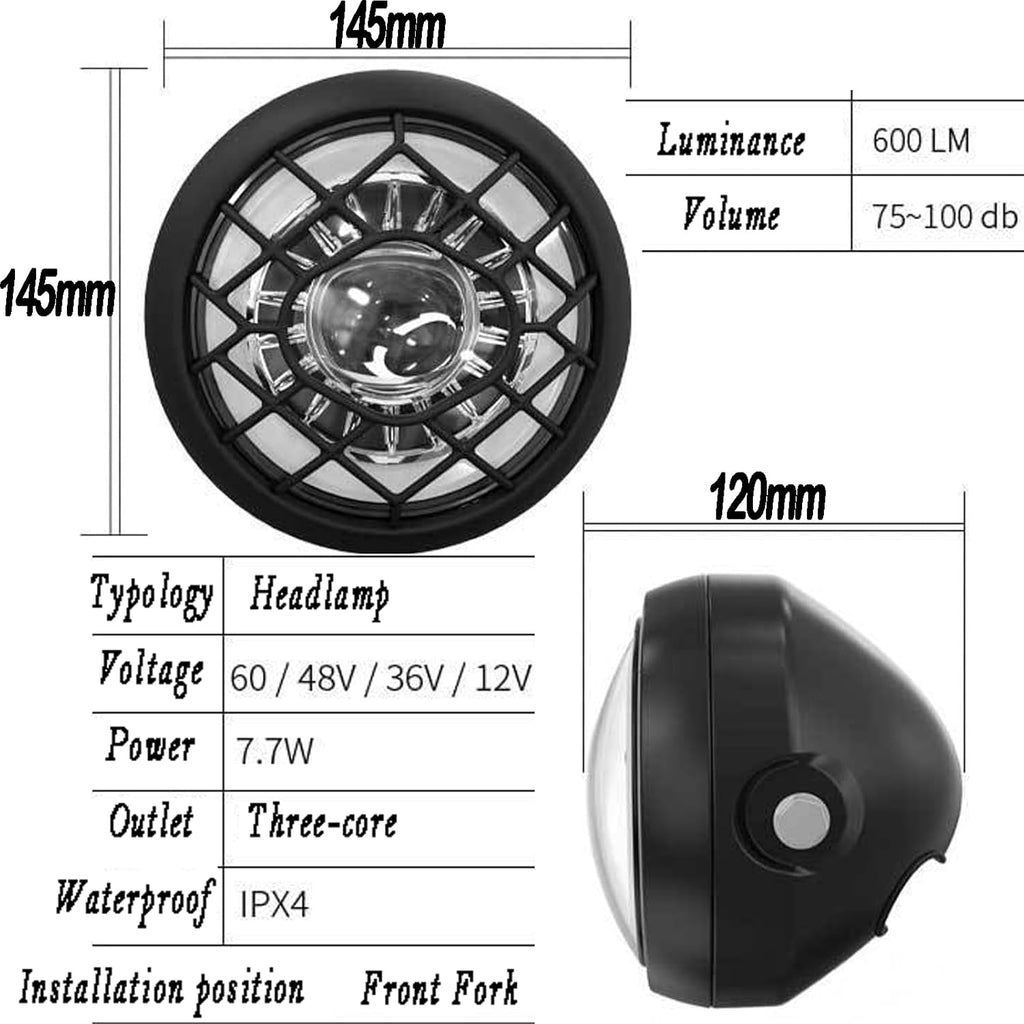 Retro 3 Pins Connector LED 24V 36V 48V 52V Waterproof Front Bike Head Light P97364