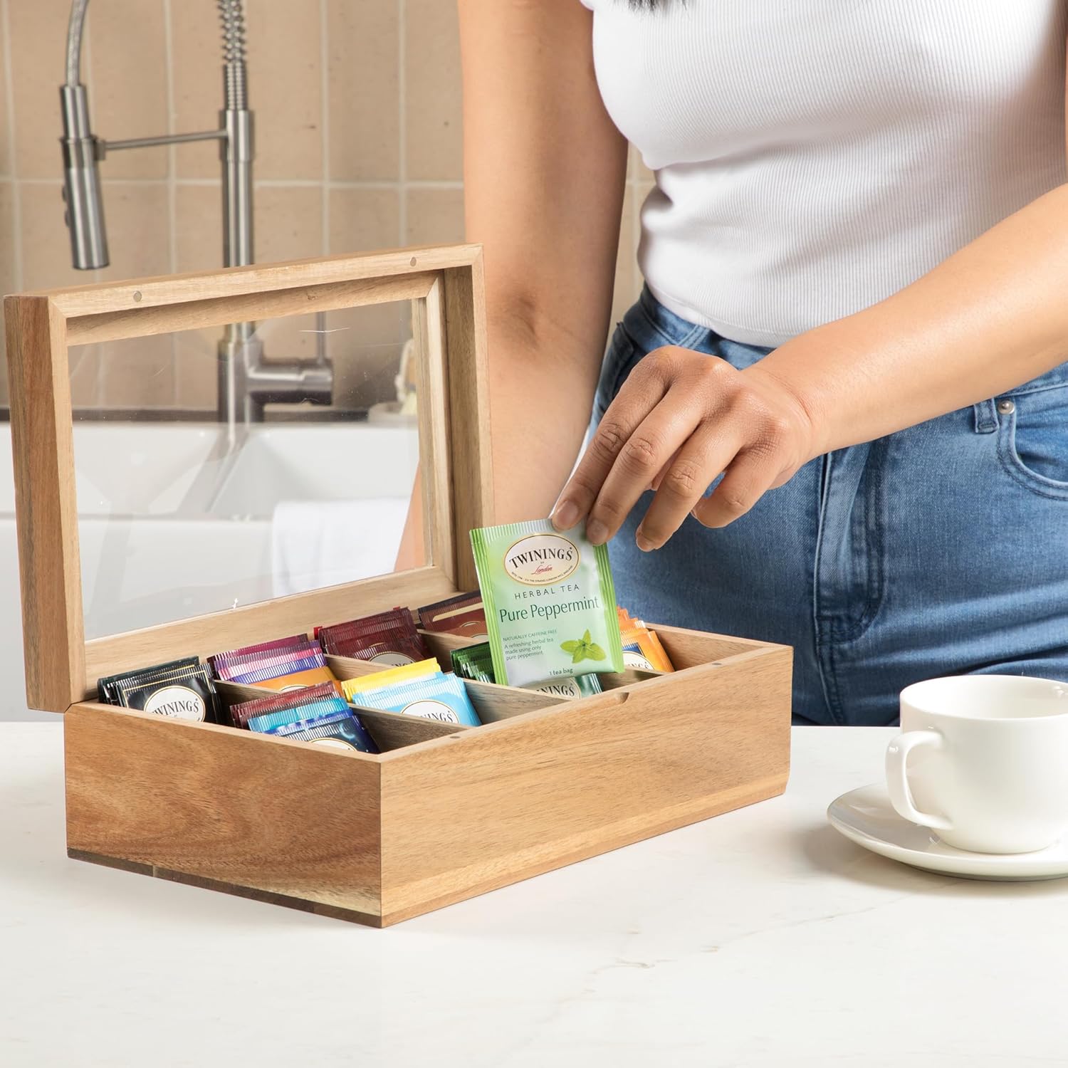 Acacia Wood Tea Bag Storage Box with Clear Acrylic Magnetic Lid C94892
