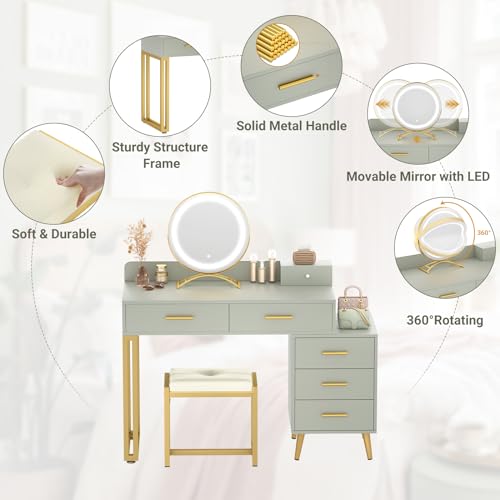 White Vanity Desk with Mirror and Lights, 6 Drawers, Cushioned Stool H69628