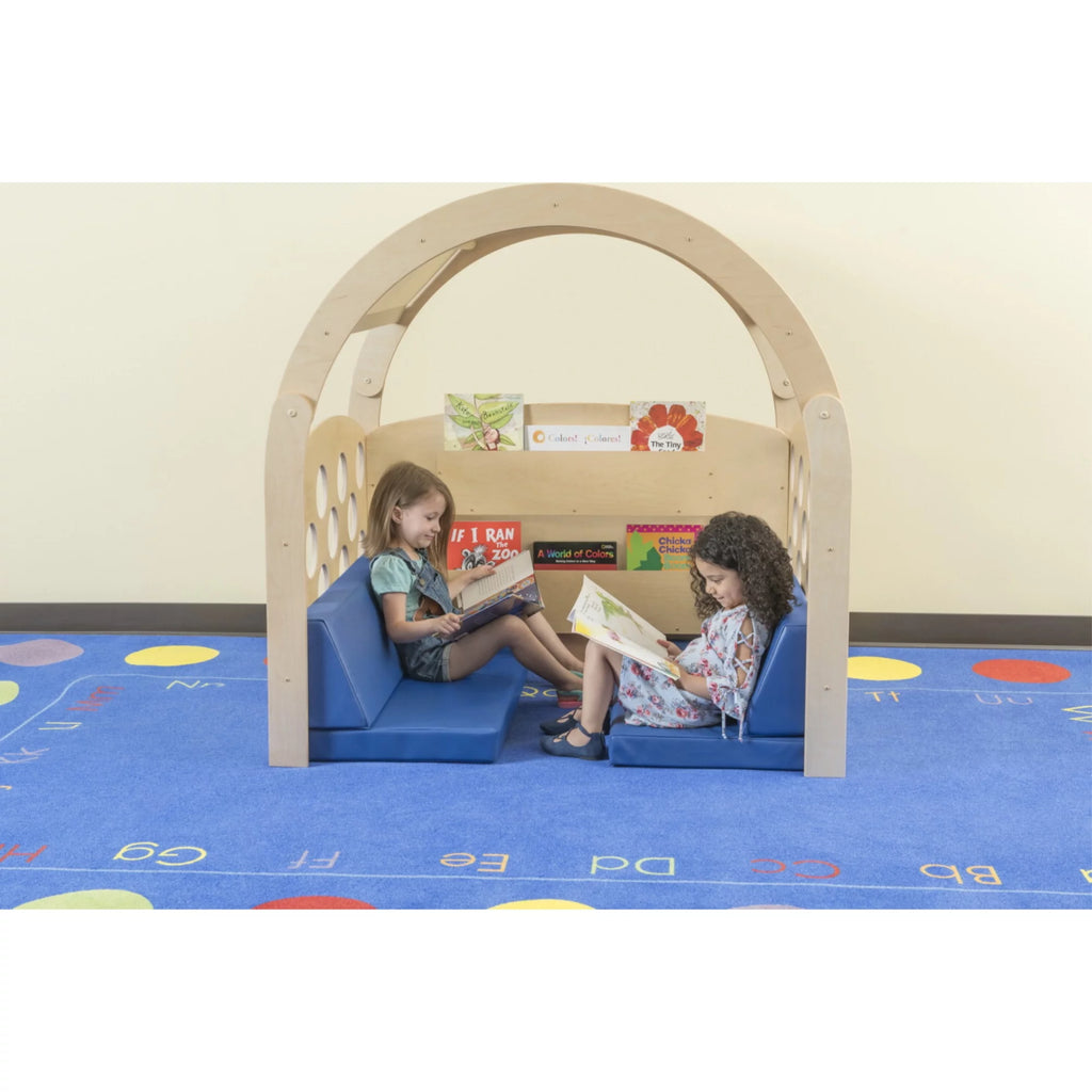 Tan/Red Canopy Reading Nook with Blue Cushions X53364